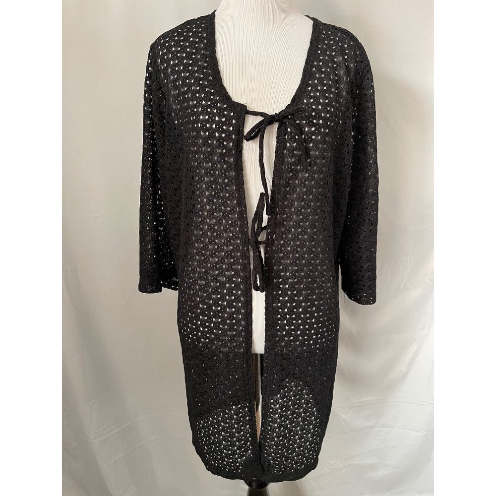 Anne Cole Black Lace Eyelet 3/4 Sleeve Double Tie Front Cardigan - Picture 3 of 12